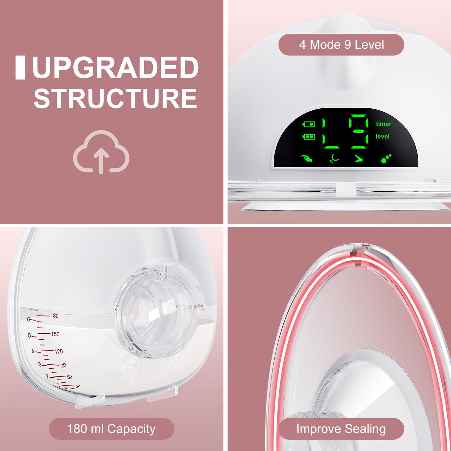 Double Electric Breast Pump Strong Suction, Portable Breast Pump Electric Breastfeeding Pump, Rechargeable Milk Pump with 4 Modes & 9 Levels, Low Noise, Anti-Backflow & LED Display, 24mm Flange, Pink