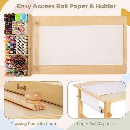 Kids Art Table & 2 Chairs Set with Roll Paper - Spacious Craft Table with Storage Shelves for Drawing, Activities, and Study - Ideal Wooden Furniture for Creative Play