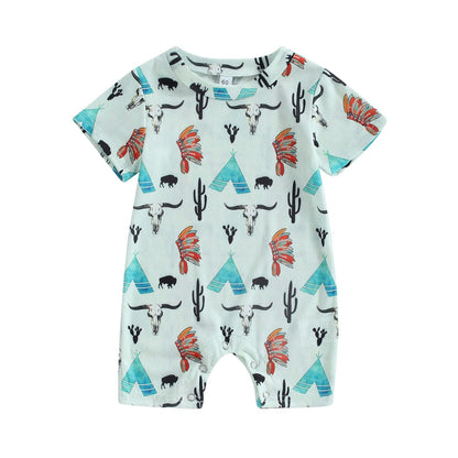 Gueuusu Country Baby Clothes Boy Girl Western Cow Print Short Sleeve Romper Bodysuit Ribbed One Piece Jumpsuit Summer Outfit