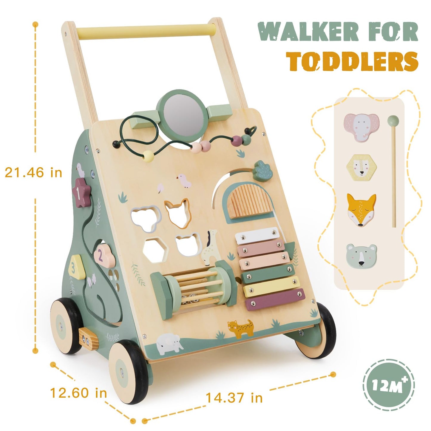Wooden Baby Walker, Baby Push Walker for Girls and Boys, Montessori Toy, Learning to Walk with Activity Center, Push and Pull Toys with Wheel Adjustable Speed