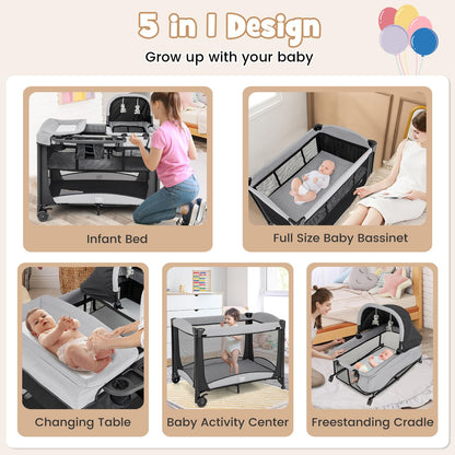 BABY JOY 5 in 1 Pack and Play, Portable Baby Playard w/Bassinet & Diaper Changing Table, Infant Pink Bassinet Crib with Toys & Music & Oxford Bag for Baby Girl Toddlers (Pink + Purple, Starry Sky)