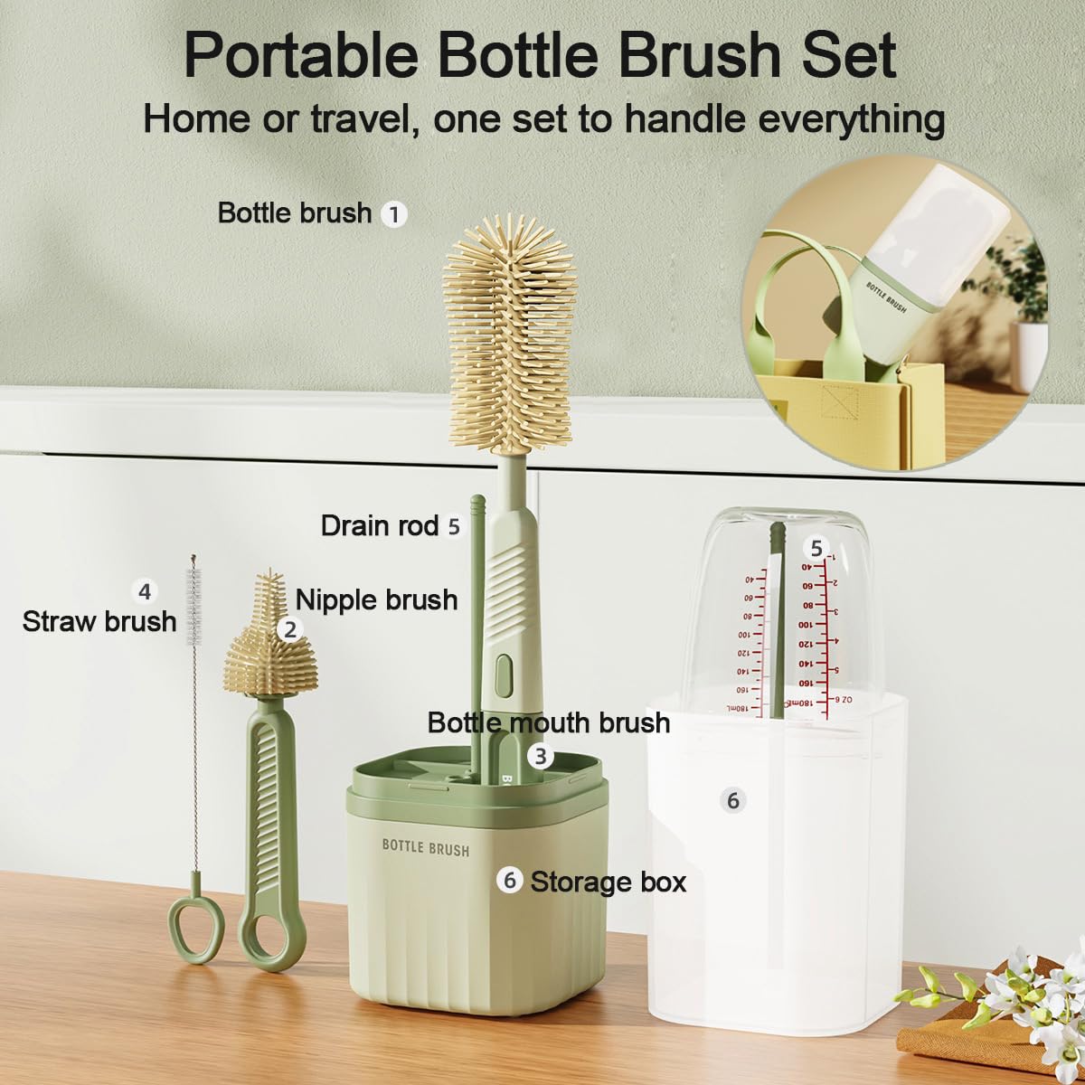 Bottle Brush Set - Baby Travel Essential - Bottle Cleaner Kit with Silicone Bottle Brush,Nipple Cleaner Brush,Straw Brush,Storage Box,Bottle Drying Rack for Home and Travel(Green)