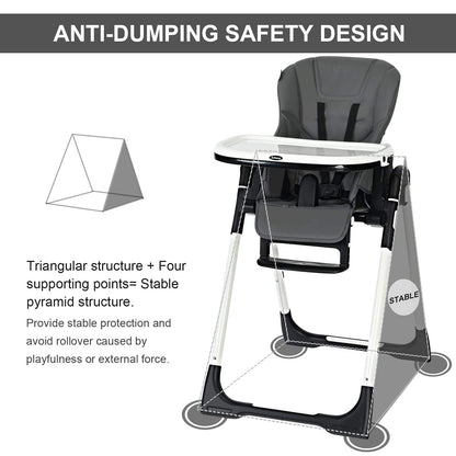 INFANS High Chair for Babies & Toddlers, Foldable Highchair with Multiple Adjustable Backrest, Footrest and Seat Height, Removable Tray, Detachable PU Leather Cushion, Built-in Rear Wheels (Black)