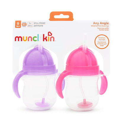 Munchkin Any Angle Sippy Cups for Toddlers, Spill Proof Weighted Straw Cup with Transition Handles for Babies 6 Months and Up, 2 Pack, Blue/Green
