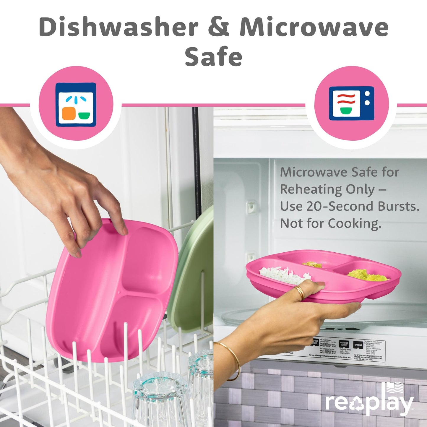 Re-Play Toddler Plates with Dividers - Deep-Walled 3 Compartments Divided Plates for Kids - Dishwasher & Microwave Safe - Made in USA - Set of 3-7.37" x 7.37" x 1.25" - Princess