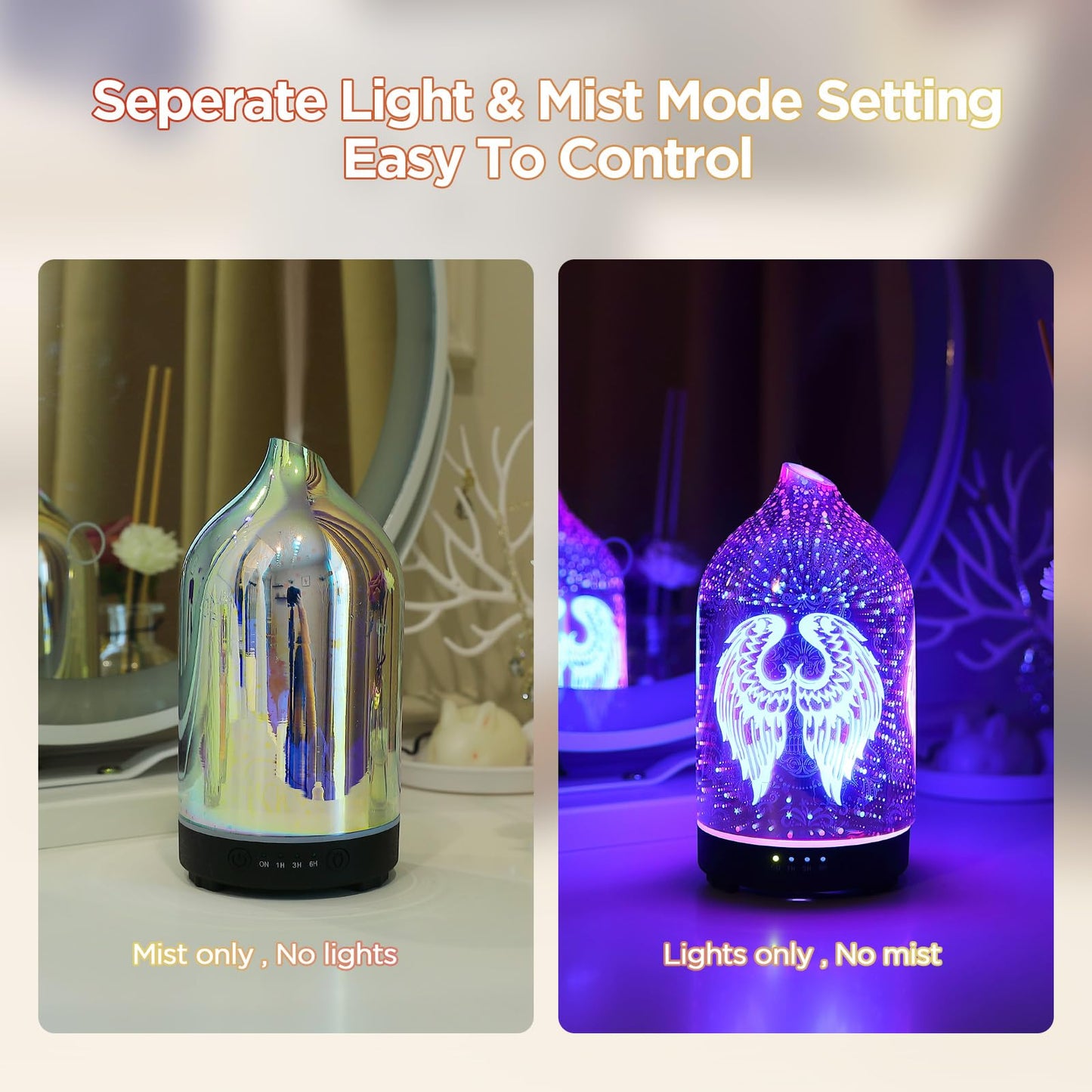 Essential Oil Diffuser Hand Blown Glass Aromatherapy Diffuser - Ultrasonic Cool Mist Scent Aroma Diffuser, Whisper Quiet with Auto Shut-Off, Timer Setting &7 Colors Night Light for Home