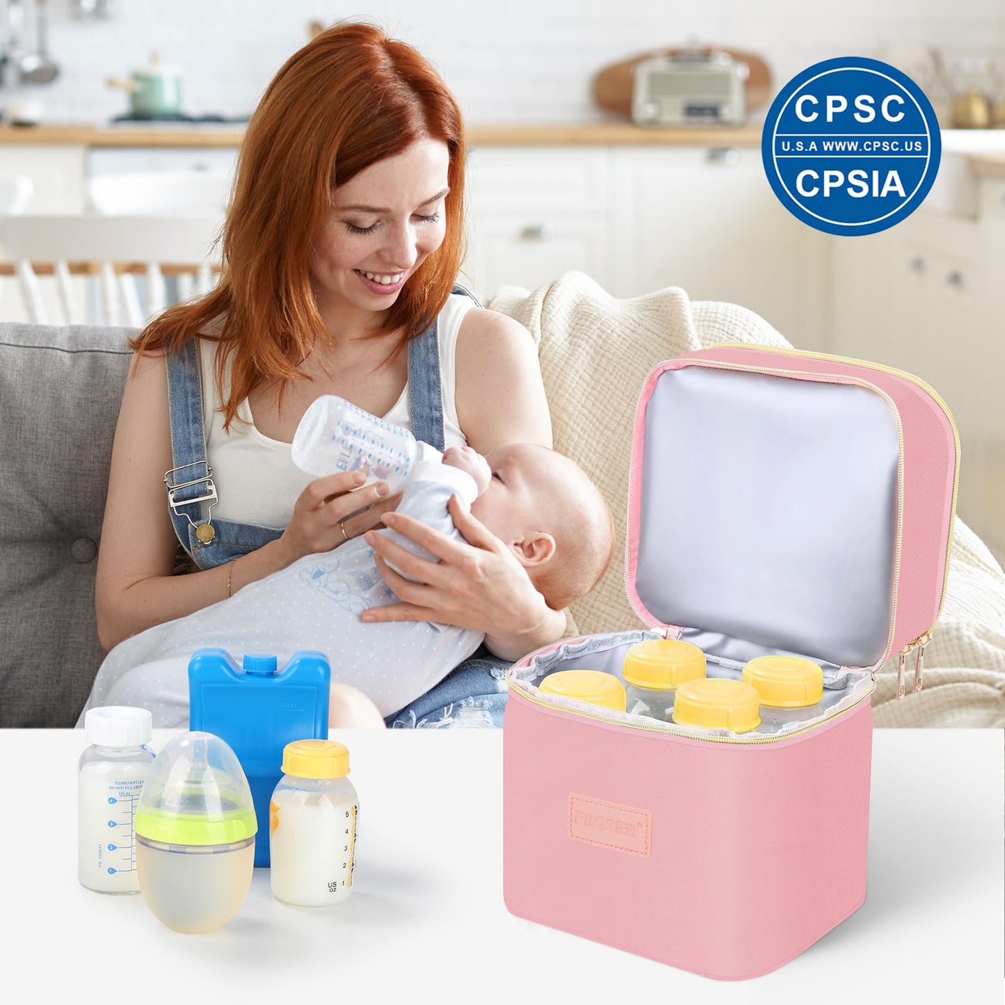 PIIOSER Baby Bottle Tote Bag with Ice Pack, Fits 4 Baby Bottles Up to 9 Ounce, Small Insulated Breastmilk Cooler Travel Bag with Shoulder Strap for Nursing & Working Mom Daycare (Cream-S)