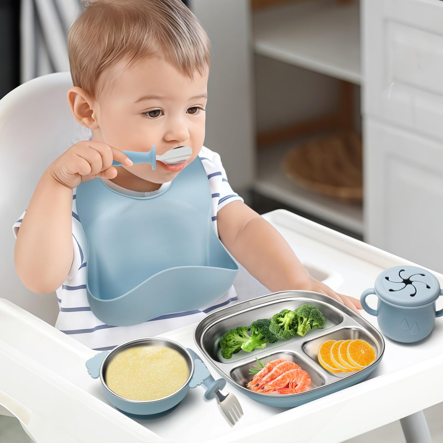 Baby Weaning Bundle, Silicone Baby Feeding Set, Comes with Detachable Silicone Stainless Steel Toddlers Plate and Bowl set, Baby Bib and 2-in-1 Water Cup and spoons (Blue)