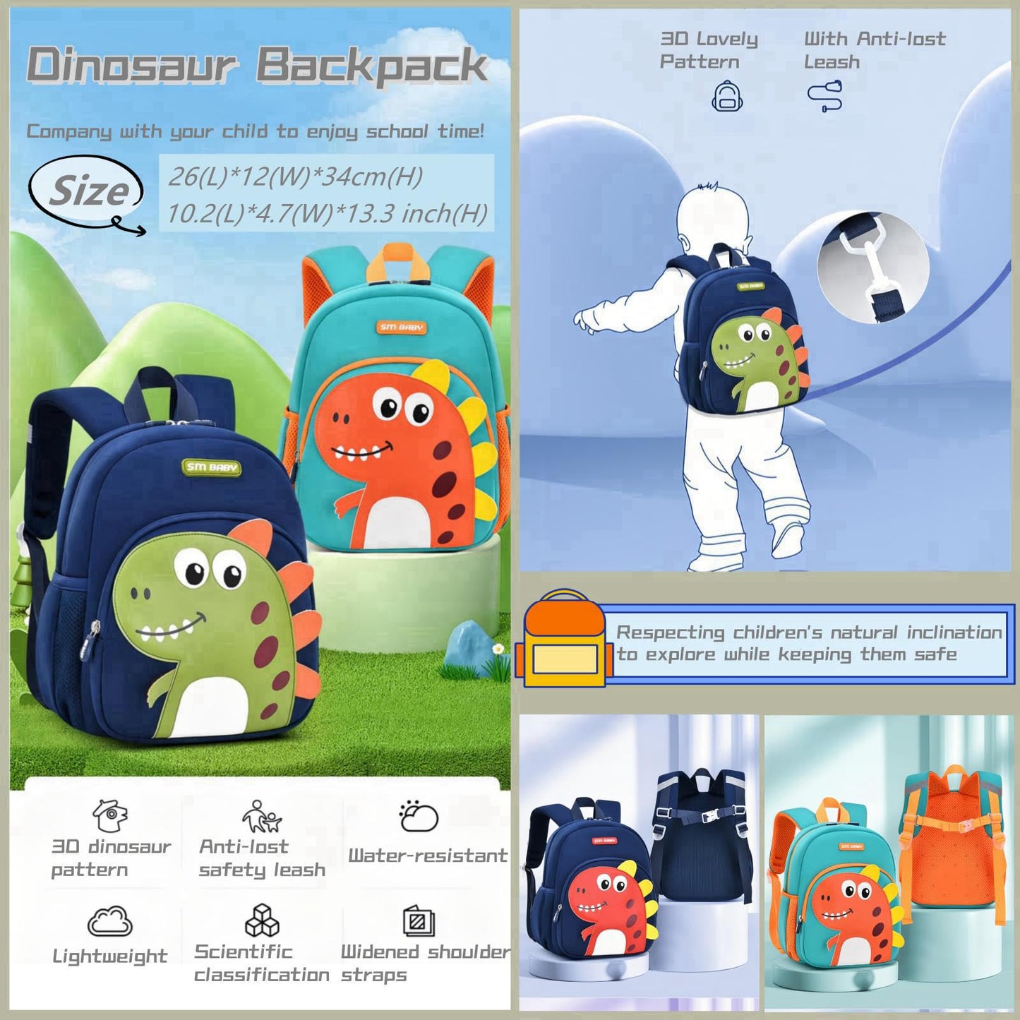 Dinosaur Anti-lost Backpack for Boys Kindergarten Preschool Bookbag with Chest Strap, Toddler Boys Backpack Daycare Bag, B-Green+Orange