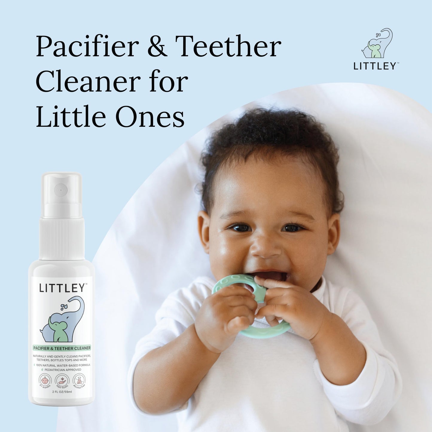 Littley Pacifier & Teether Cleaner with Hypochlorous Acid, Non-Toxic & Alcohol-Free, Gentle Formula for Cleaning Baby & Toddler Essentials, 2oz Travel-Size Spray Bottle