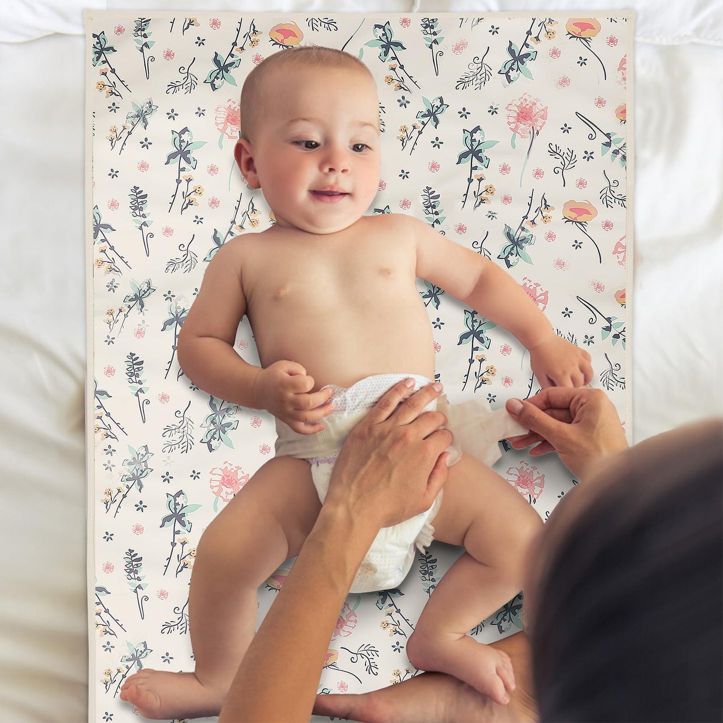 Vegan Leather Baby Changing Mat - Wipeable Portable Changing Pad, Foldable Travel Changing Mat for Baby, Newborns Toddlers Shower Gifts (Flower,20"*28")