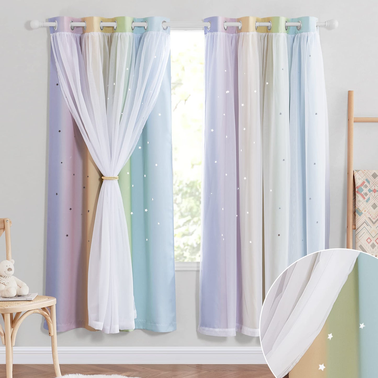 NICETOWN Nursery Curtains for Kids, Farmhouse Blackout Curtain Panels for Bedroom, Double Layer Star Hollow-Out Grommet Aesthetic Living Room Toddler Window Curtains, 2 Pcs, W52 x L84, Biscotti Beige