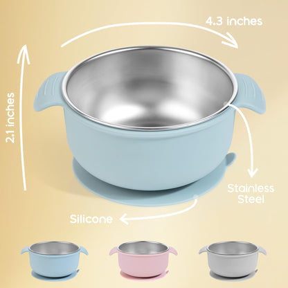 Bella’s Friends Stainless Steel and Silicone Baby Bowls with Suction 3 Pack, 4.3” for Toddlers Kids Feeding, Non-Slip, Non-Toxic, Mess-Free, Dishwasher Safe, Fit High Chair Size, light pink beige pink
