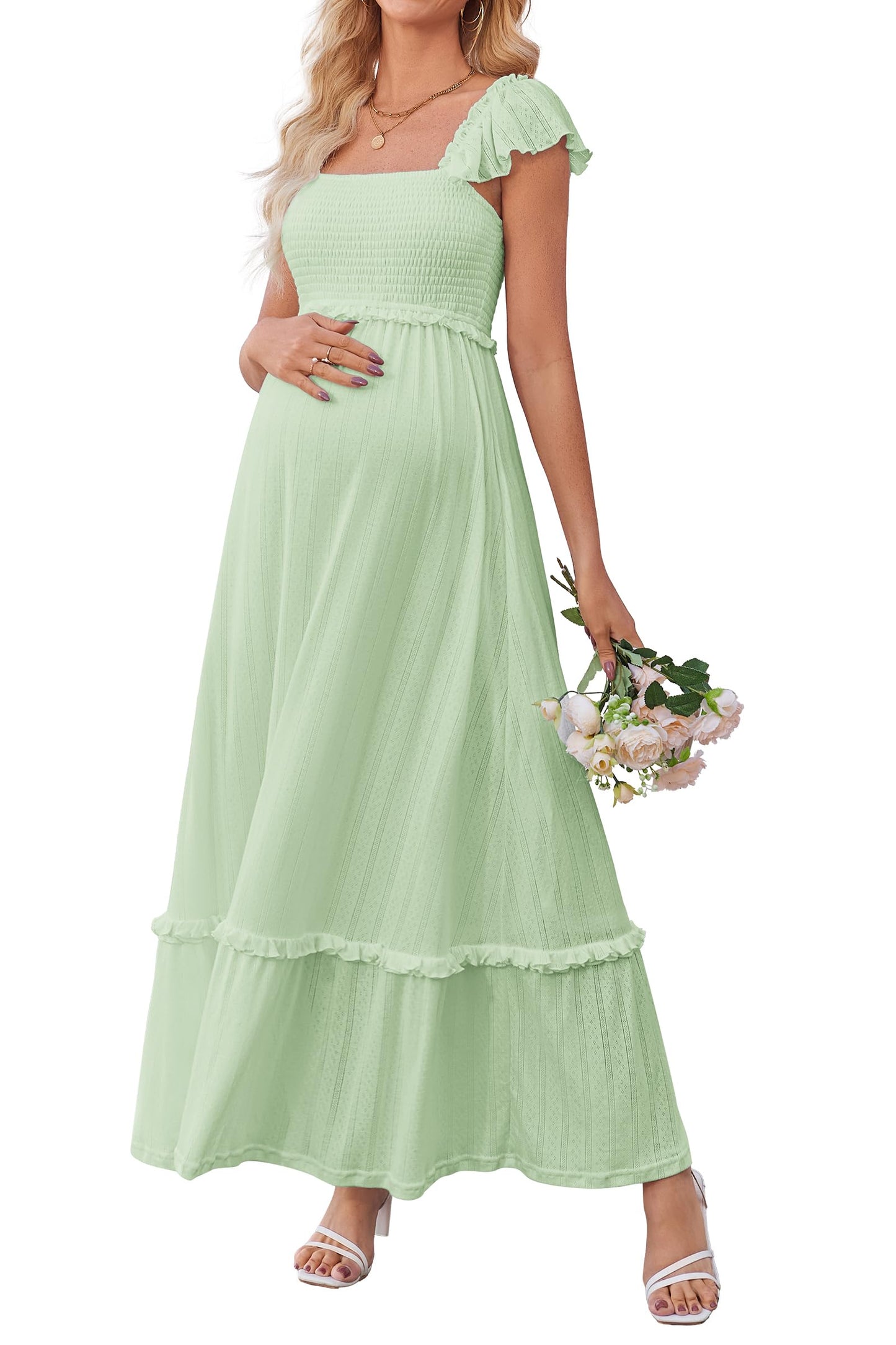 OUGES Womens 2025 Summer Maternity Photoshoot Dress Boho Maxi Smocked Baby Shower Dress Ruffle Sleeve Maternity Clothes