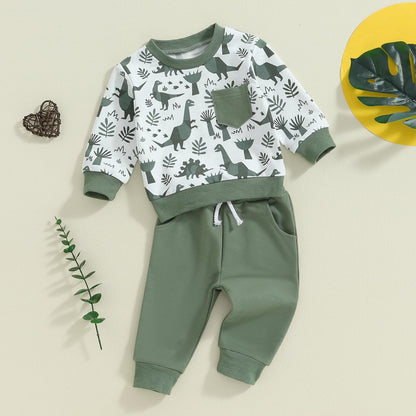 MA&BABY Toddler Boys Clothes Dinosaur Print 6 12 18 24 Months 3T 4T Outfits Long Sleeve Pullover Jogger Pant 2PC Sets