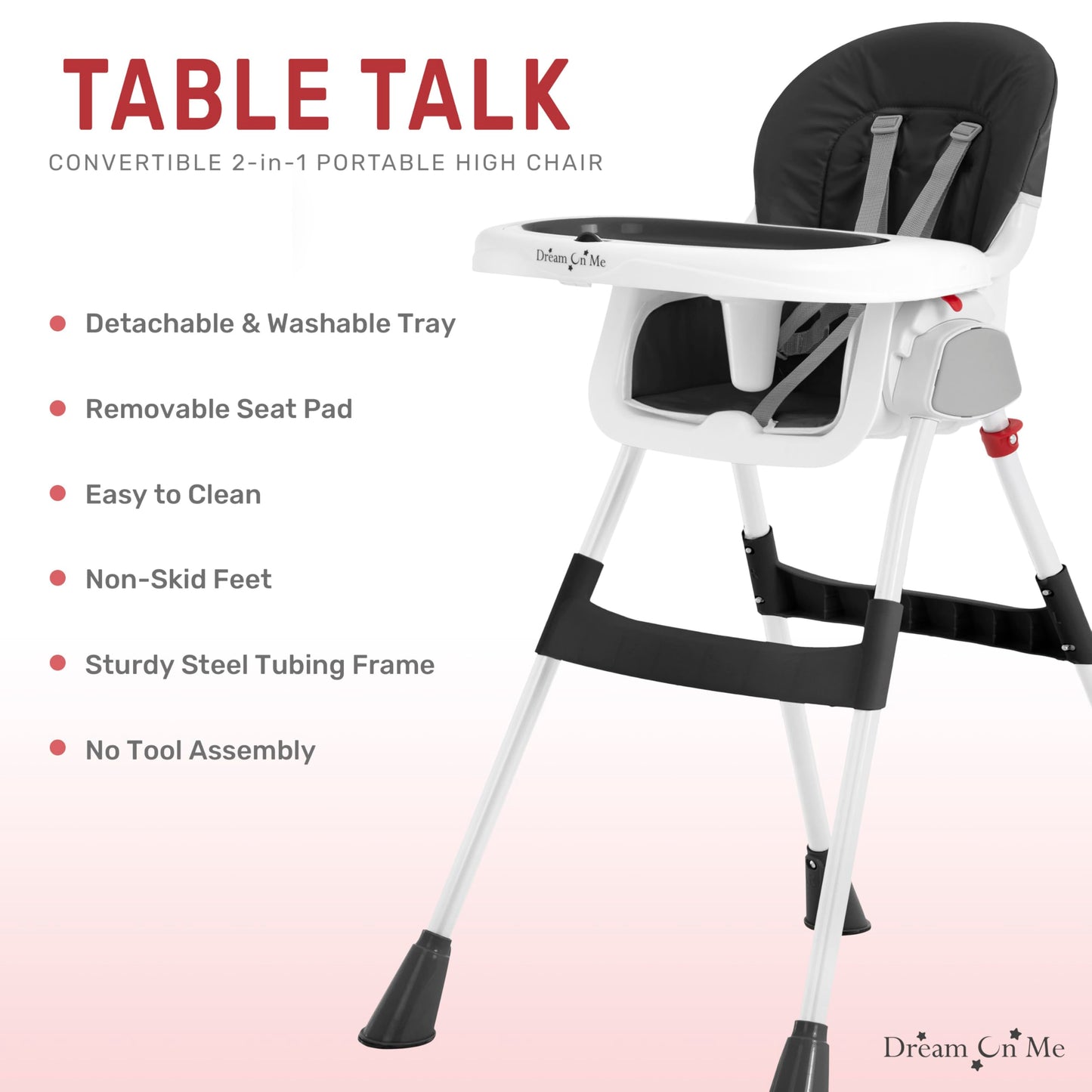 Dream On Me Portable 2-in-1 Tabletalk High Chair, Convertible Compact High Chair, Light Weight Portable Highchair, Grey