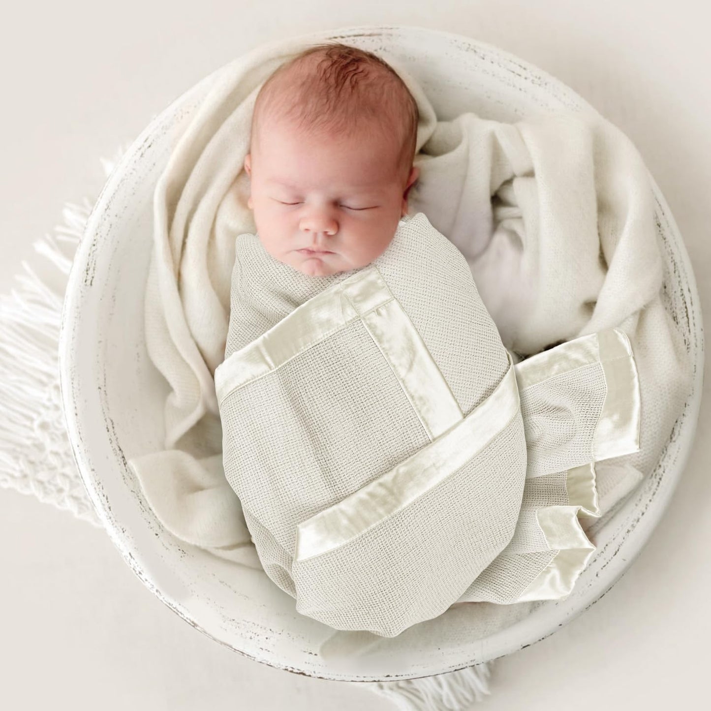 Swaddle Baby Blanket: Waffle Blanket with Satin Strim - Soft Breathable Toddler Blanket for Nursing Cover - Cotton Crib Blanket for Naptime（Cream）