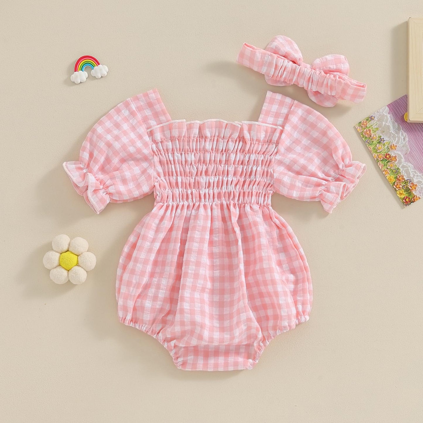 Infant Baby Girls Romper Ruffle Sleeve Pleated Smocked Bubble Plaid One Piece Ruched Jumpsuit Summer Bodysuit
