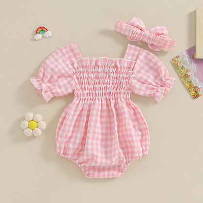 Infant Baby Girls Romper Ruffle Sleeve Pleated Smocked Bubble Plaid One Piece Ruched Jumpsuit Summer Bodysuit