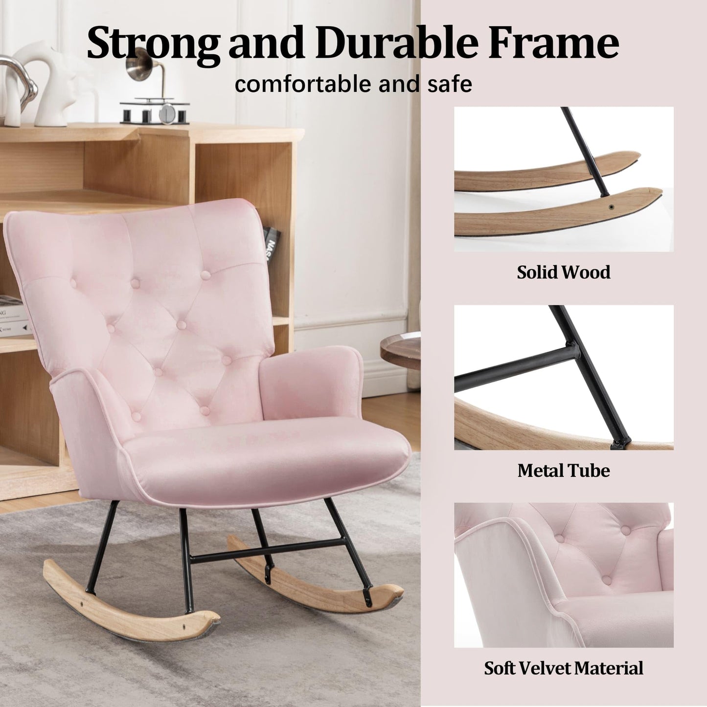 Rocking Chair for Nursery, Comfy Velvet Fabric Glider Rocker, Reading Chair with Support Seating and Side Pockets, Rocking Recliner Chair for Living Room, Bedroom, Balcony, Creamy Beige