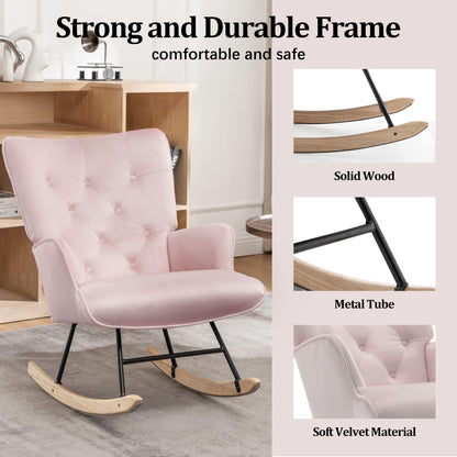 Rocking Chair for Nursery, Comfy Velvet Fabric Glider Rocker, Reading Chair with Support Seating and Side Pockets, Rocking Recliner Chair for Living Room, Bedroom, Balcony, Creamy Beige