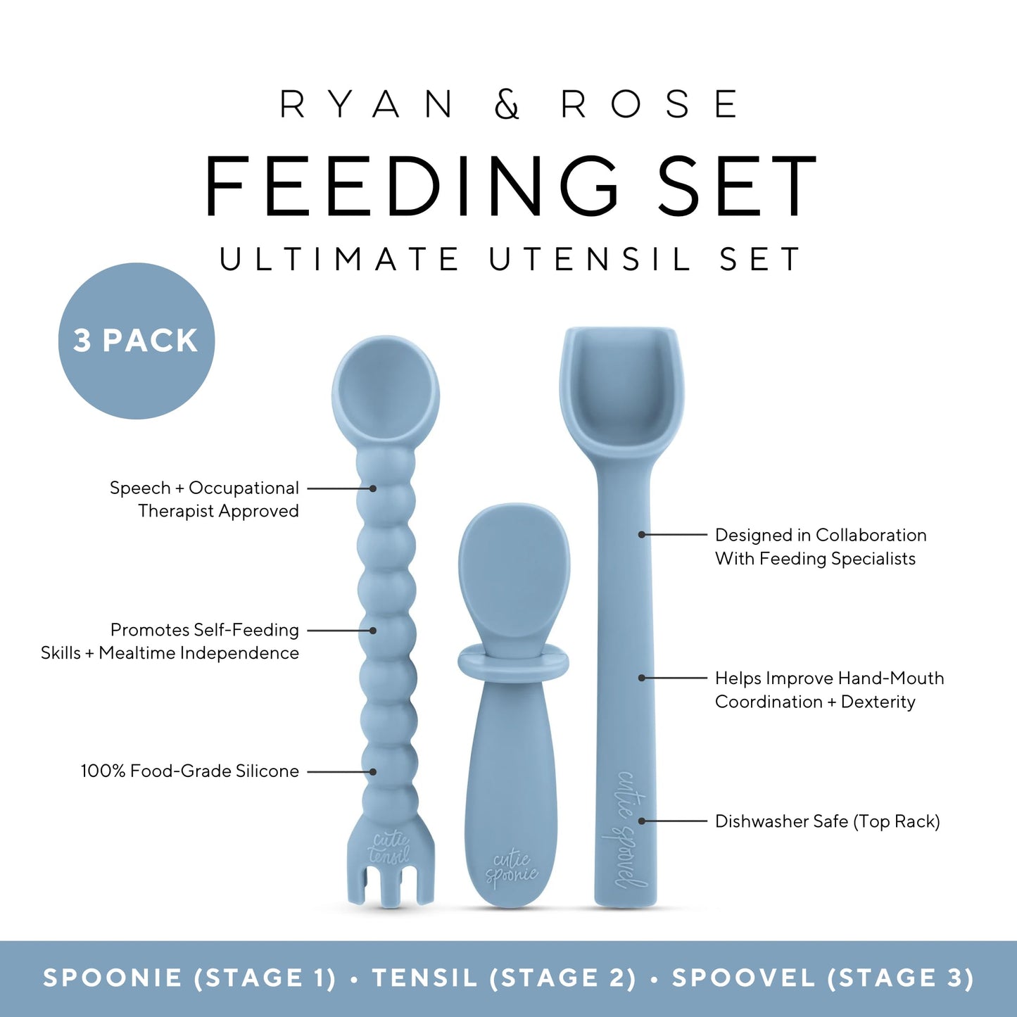 Ryan & Rose Ultimate Utensil Set of 3 Silicone Baby Spoons Silicone baby feeding set for baby led weaning, baby spoons self feeding 6 months, baby utensils, toddler utensils (Rose), Child