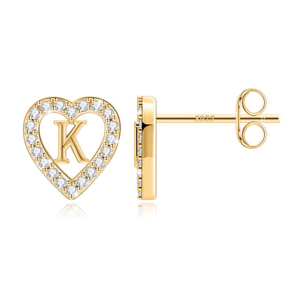 Anoup Heart Initial Stud Earrings - Gifts for Girls, Sterling Silver Post 14K Gold Plated All Over Hypoallergenic | CZ Simulated Diamond Stud Earrings | Birthday Gifts for Kids Toddlers Daughter