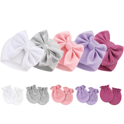 BQUBO Newborn Baby Girls Hats Mittens Set Hospital Hat Beanie Infant Bow Hats Baby Cotton Gloves for 0-6 Months