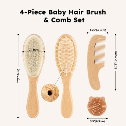 Yoofoss 4 Piece Baby Brush and Comb Set, Wooden Baby Brush with Natural Ultra Soft Goat Hair, Baby Hair Brush for Newborn, Baby Brush Set for Boy Girl