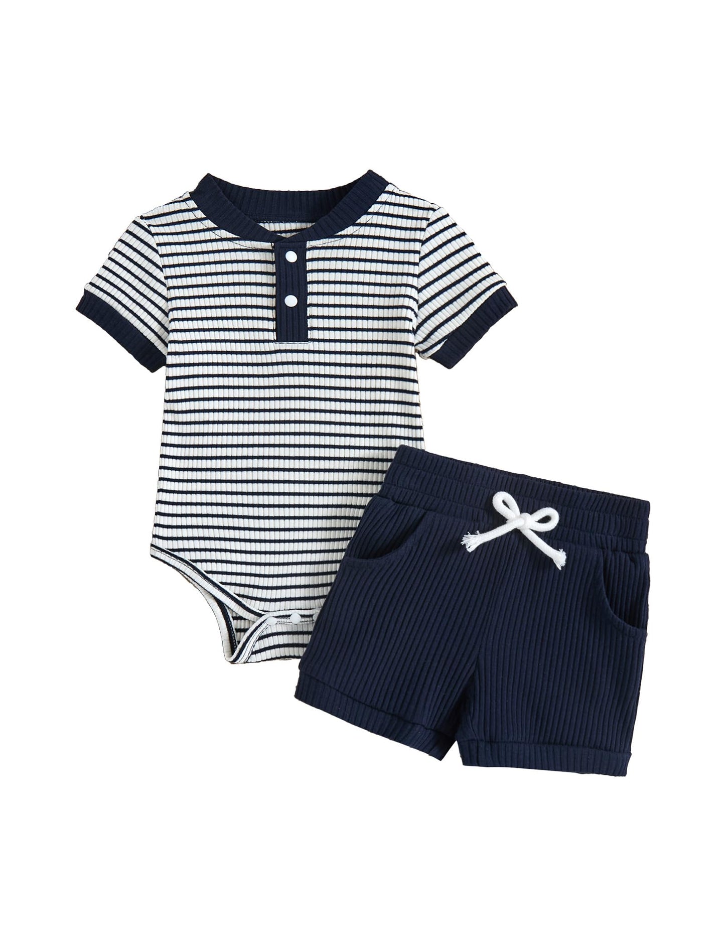 Baby Boy Outfits Ribbed Short Sleeve Striped Romper Top Solid Shorts with Pocket Baby Boy Summer Clothes 0-18M