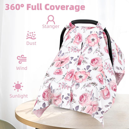 SWESEN Car Seat Cover Baby for Girls, Peekaboo Opening Carseat Covers Baby, Universal Car Seat Canopy Cover & Nursing Cover, 360° Full Coverage Sun & Wind Protector, Floral