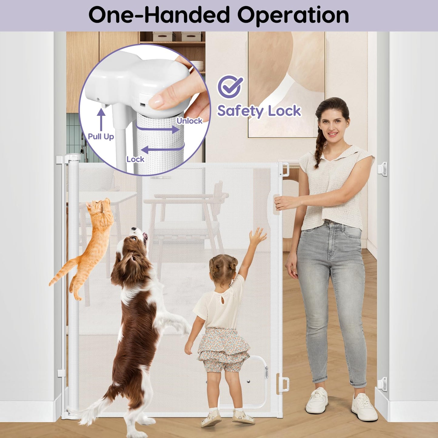 48 Inch Extra Tall Pet Gate Retractable Baby Gate with Cat Door - No Jumping Over, 55" Wide Retractable Dog Gate Indoor 4ft Extra Tall Cat Gate for Doorway Outdoor Deck Gate, White