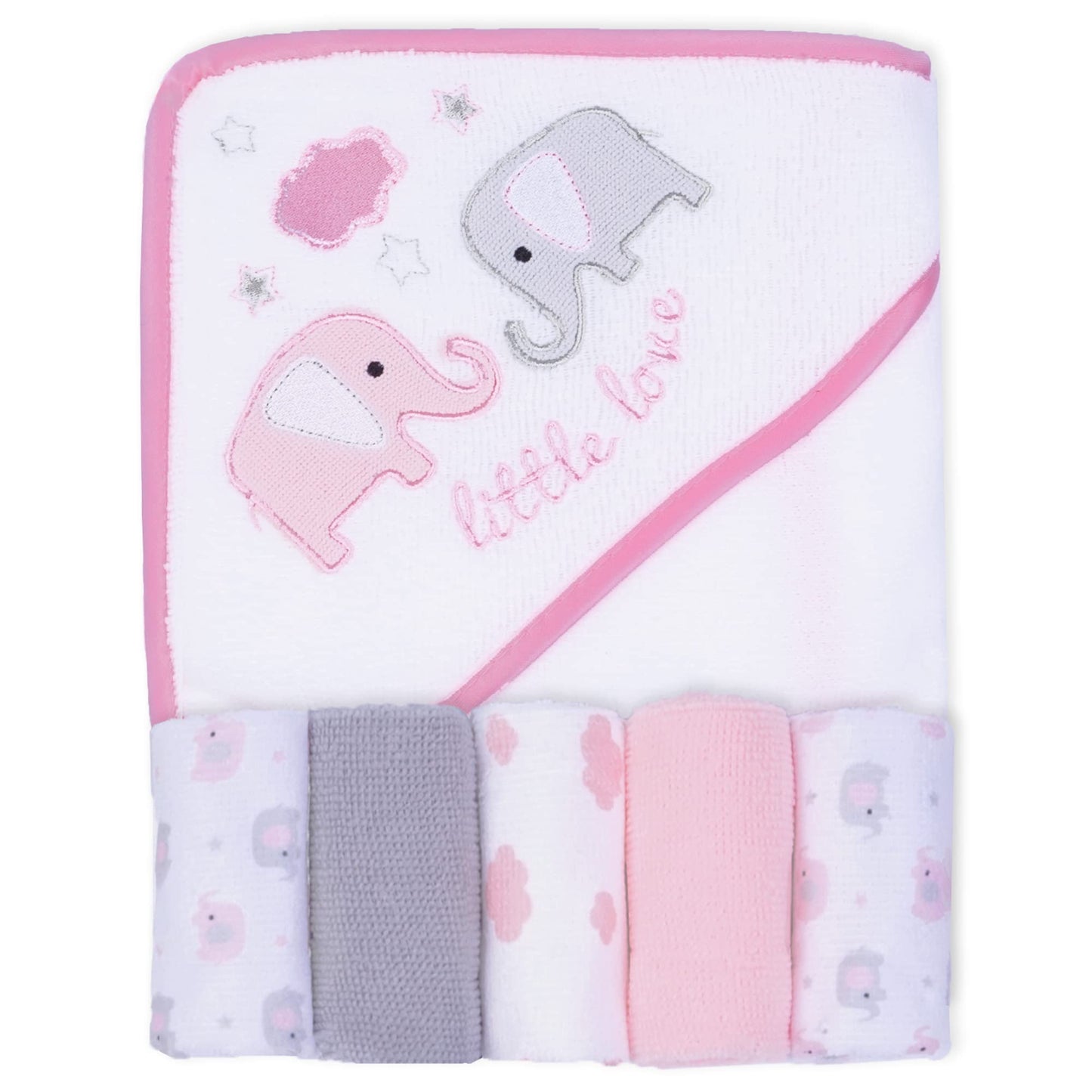 Viviland Baby Towels and Baby Wash Cloths Set Hooded Baby Towels Baby Wipes Absorbent Bath Face Towels Burp Cloths or Face Towels for Girl Boy 6-Pack Size 28 x 28 Inch(Elephant Flower)