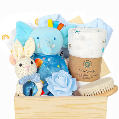Baby Gift Set for Newborn, Baby Shower Gifts, Wooden Baby Gift Basket Essentials Includes Infant Swaddle Blanket Onesies Rattle Toy Hair Bursh, New Born Baby Christmas Gifts for Girls Boys