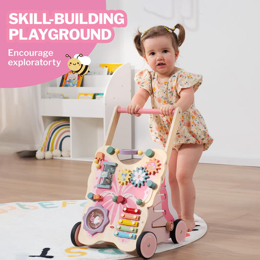Giant bean Wooden Baby Walker for Girls Toddler Kids 1-3, Pink Butterfly Push and Pull Multiple Learning Activity Walker with Wheels, Christmas Gift Develops Motor Skills & Stimulates Creativity
