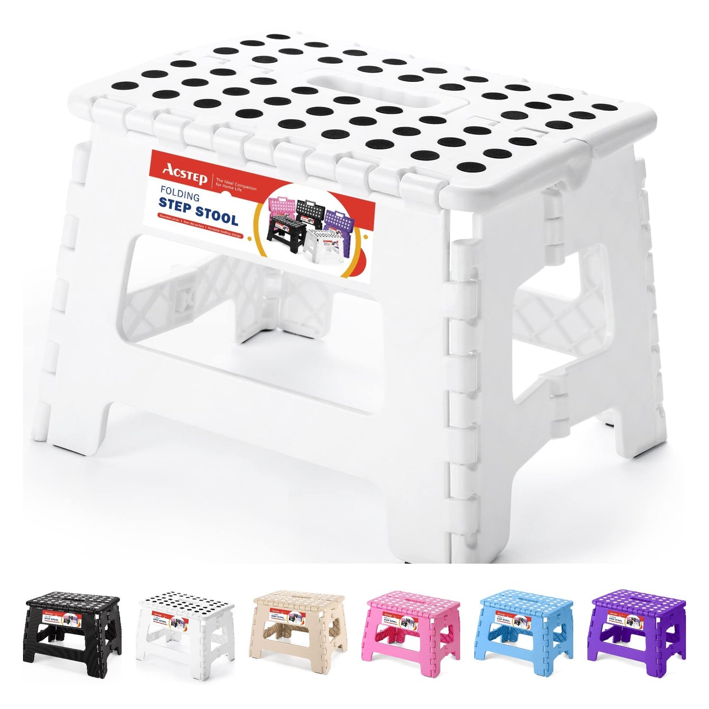 ACSTEP Folding Step Stool 9'' Tall Kids Step Stool Holds Up to 300 lb Plastic Foldable Step Stools for Kids Non-Slip Surface with Carry Handle Collapsible Stool for Home, Outdoor and Indoor(Black)