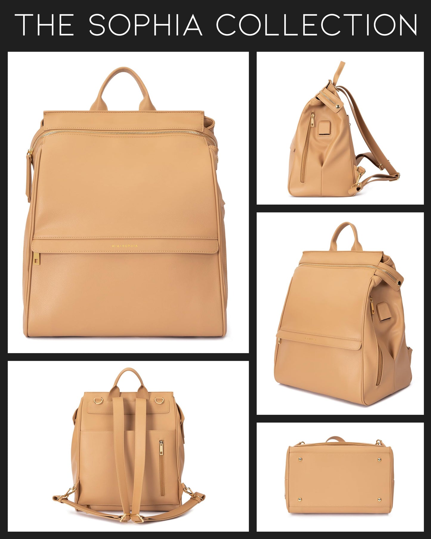 Leather Diaper Bag Backpack with USB Charging port, Changing Pad, Stroller Straps, and Bottle Holder (Brown Olivia)