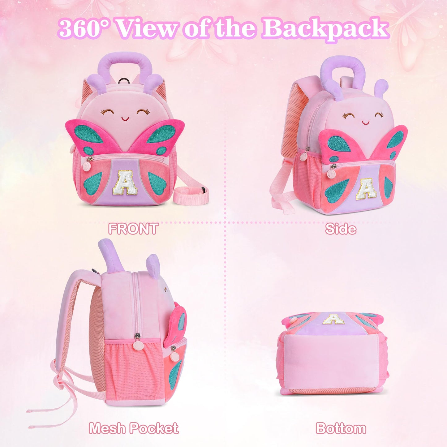 YOOLIFE Initial Birthday Gifts for Girls Kids Personalized Kids Backpack for Little Girls, Kindergarten Elementary School Bookbag for Girl Toddler Teen Gift for Daughter Sister Pink Backpack A