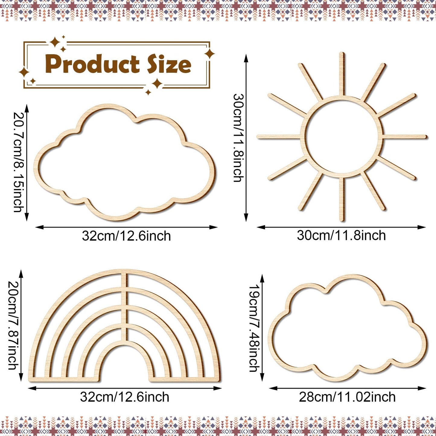 Kathfly4 Pieces Boho Nursery Cloud Star Wall Decor Wooden Babyroom Moon Rattan Wall Decor Wooden Rainbow for Children Baby Kids Boys Girls Bedroom Nursery Pendant(Cloud Moon Star)