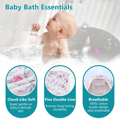 PHF 2 Pack Baby Hooded Towels, 100% Muslin Cotton Baby Bath Towel with Hood for Newborn, Infant, Toddler, Ultra Soft and Absorbent Baby Essentials Bath Towels for Girls, 32x32Inch, Floral