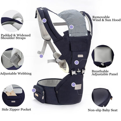 Baby Carrier, Ergonomic 6-in-1 Baby Carrier with Hip Seat for Newborn Infant Toddler, Adjustable Detachable Baby Holder Carrier for Dad Mom