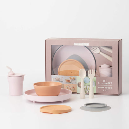 Miniware Little Foodie Set with Cereal Bowl, Sandwich Plate, My First Cutlery Set, 1-2-3 Sip Cup, and Detachable Suction Foot for Baby Toddler Kids (Little Camper)