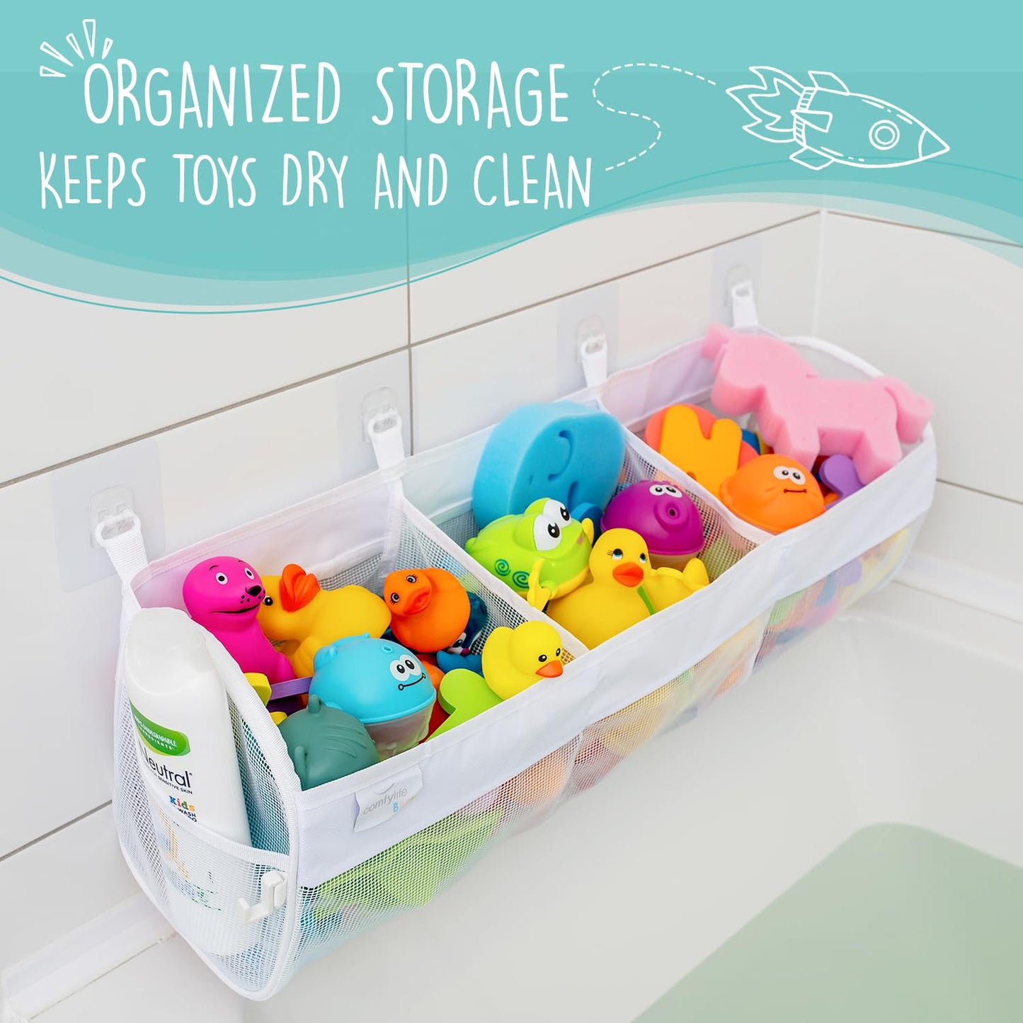 2 x Mesh Bath Toy Organizer + 8 Ultra Strong Hooks – The Perfect Bathtub Toy Holder & Bathroom or Shower Caddy – These Multi-use Net Bags Make Baby Bath Toy Storage Easy – For Kids & Toddlers