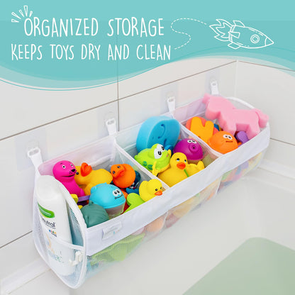 2 x Mesh Bath Toy Organizer + 8 Ultra Strong Hooks – The Perfect Bathtub Toy Holder & Bathroom or Shower Caddy – These Multi-use Net Bags Make Baby Bath Toy Storage Easy – For Kids & Toddlers