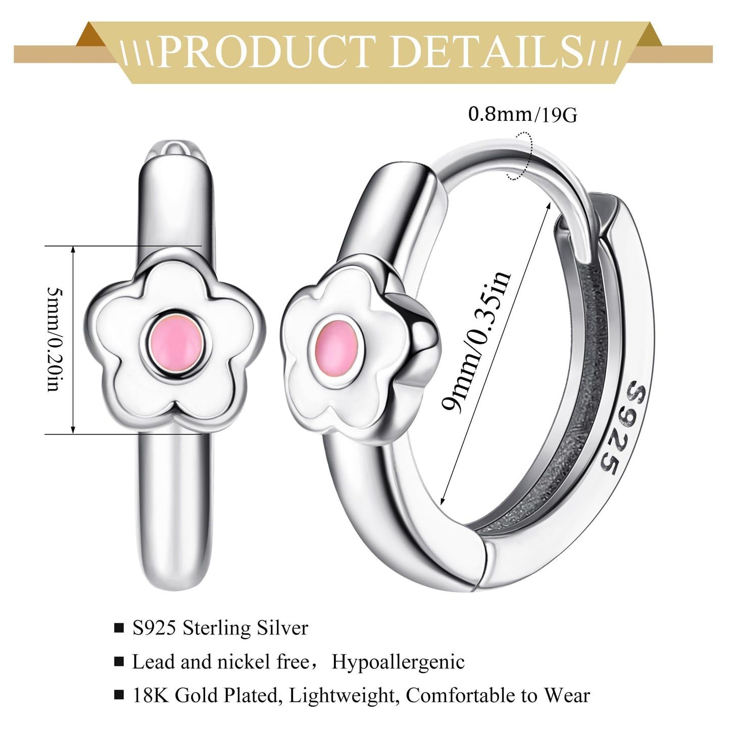 MILACOLATO 925 Sterling Silver Small Hoop Earrings Toddler 18K Gold Plated Daisy Earrings Pink Yellow FLower Huggie Hoop Earrings for Women Hypoallergenic Earrings for Sensitive Ears