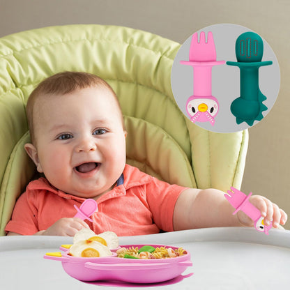 Silicone Suction Plates for Baby Toddler with Spoon Fork set Divided Dinosaurs Plates Self Feeding Training Baby Dinner Plate-Green Dinosaurs Plate Set