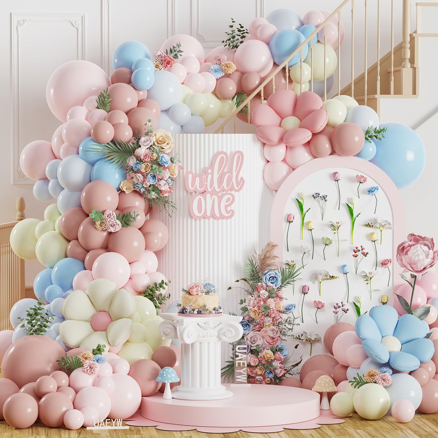 Spring Wildflowers Balloon Arch Kit 153Pcs Pastel Pink Blue Balloon Garland Kit, Daisy Flower Foil Balloons for Birthday Baby in Bloom Baby Shower Bridal Shower Wedding Wild One Party Decorations