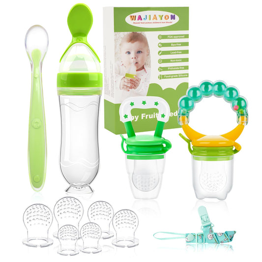 Food Feeder for Baby, Fruit Feeder Pacifier (3 Pcs) with 6 Different Sized Silicone Pacifiers 1 PCS Silicone Baby Food Dispensing Spoon 90ML with 1 PC Baby Spoons 1 PC Pacifier Clip Baby Feeding Set
