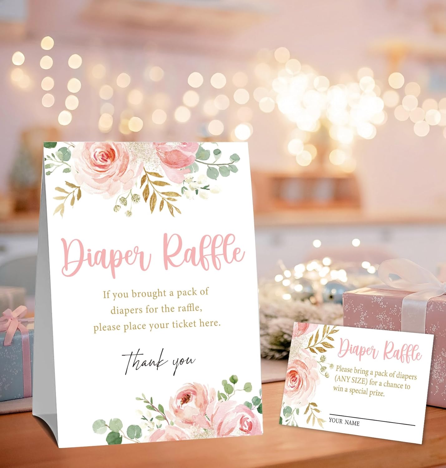 Pink Floral Diaper Raffle Cards for Baby Shower Game,1 Standing Sign & 50 Guessing Cards,Girl's Baby Shower Party Decoration,Guessing How Many Diaper Raffle Tickets