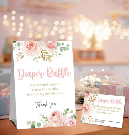 Pink Floral Diaper Raffle Cards for Baby Shower Game,1 Standing Sign & 50 Guessing Cards,Girl's Baby Shower Party Decoration,Guessing How Many Diaper Raffle Tickets